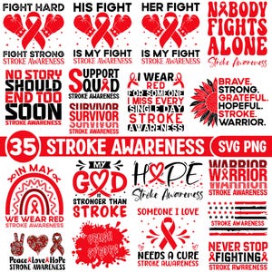 Peut inclure: Plusieurs graphiques rouges et blancs avec du texte sur la sensibilisation aux accidents vasculaires cérébraux. Les motifs comprennent des gants de boxe, des rubans et des phrases comme "Fight Hard" et "Nobody Fights Alone."