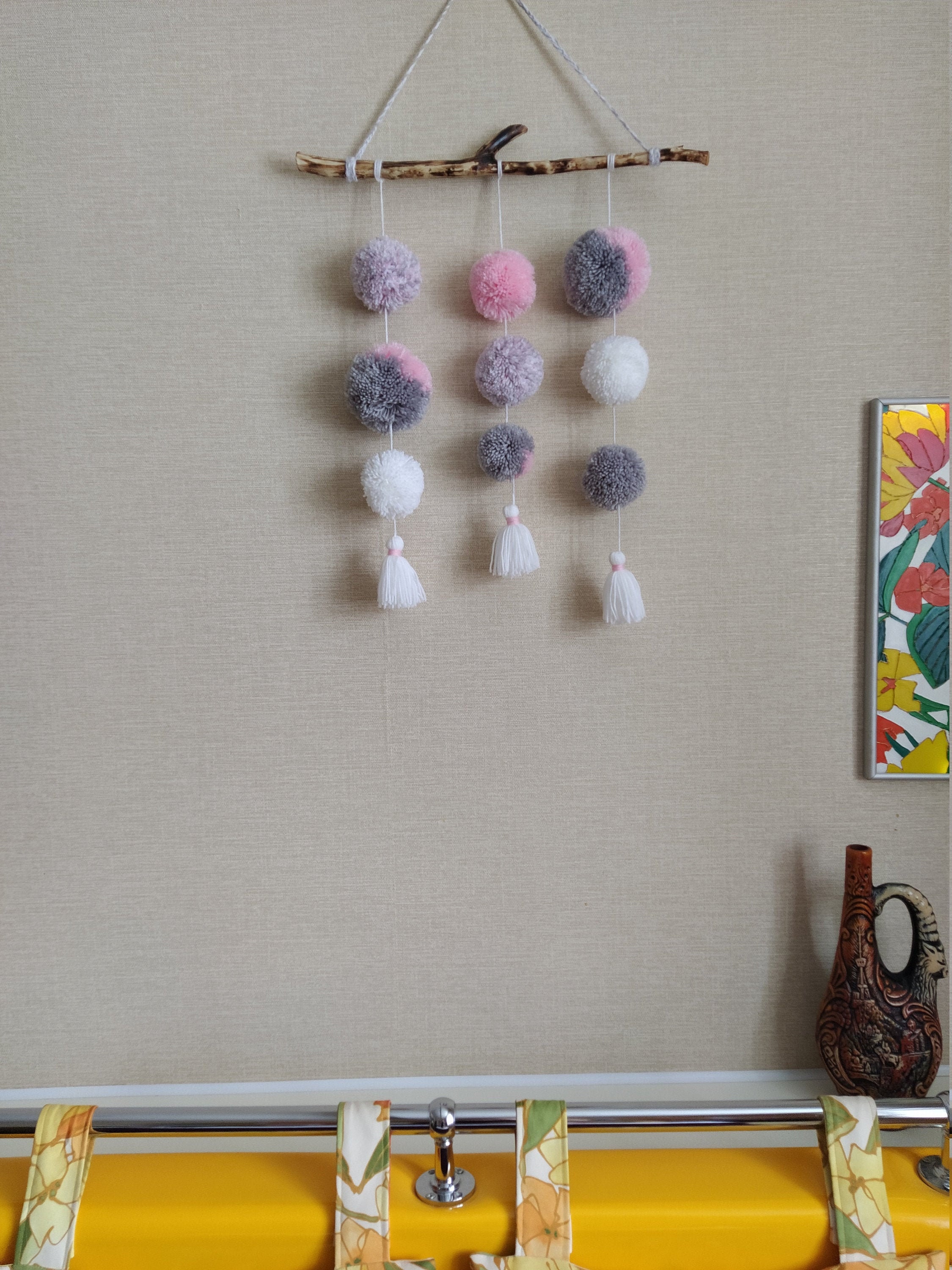 Pom Pom Wall Hanging Pompom garland Wall decor Pink gray Etsy
