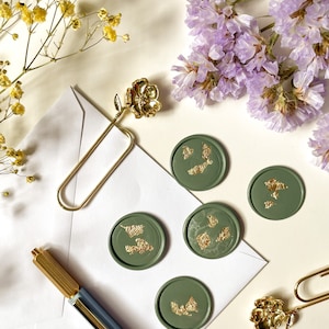 Autocollants de tampon de cire à cacheter en feuille d’or vert forêt (paquet de 5) | Timbres d’enveloppe faits à la main | Papeterie | Invitations de mariage | Cachet de cire