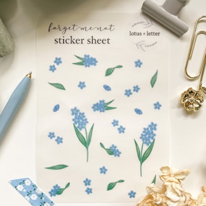 Feuille d'autocollants transparents myosotis | Stickers pour agenda | Bullet Journal | Stickers pour ordinateur portable | Artisanat | Papeterie | Fleurs | Plantes | Fleurs