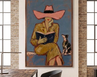 Textured Abstract Woman Reading with Dog Canvas Art, Heavy Impasto Painting, Palette Knife Wall Decor, Large Handmade Modern Artwork