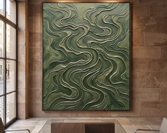 Abstraktes Leinwandbild „Grüne Welle“ mit Struktur, kräftige Impasto-Technik, Spachteltechnik, großes handgefertigtes modernes Kunstwerk