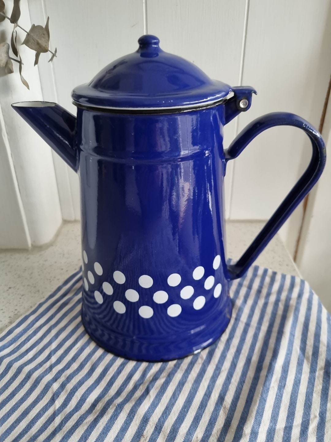 Vintage Blue Enamelware Tea Pot With White Spots Etsy