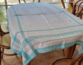 Vintage cream and green damask linen tablecloth