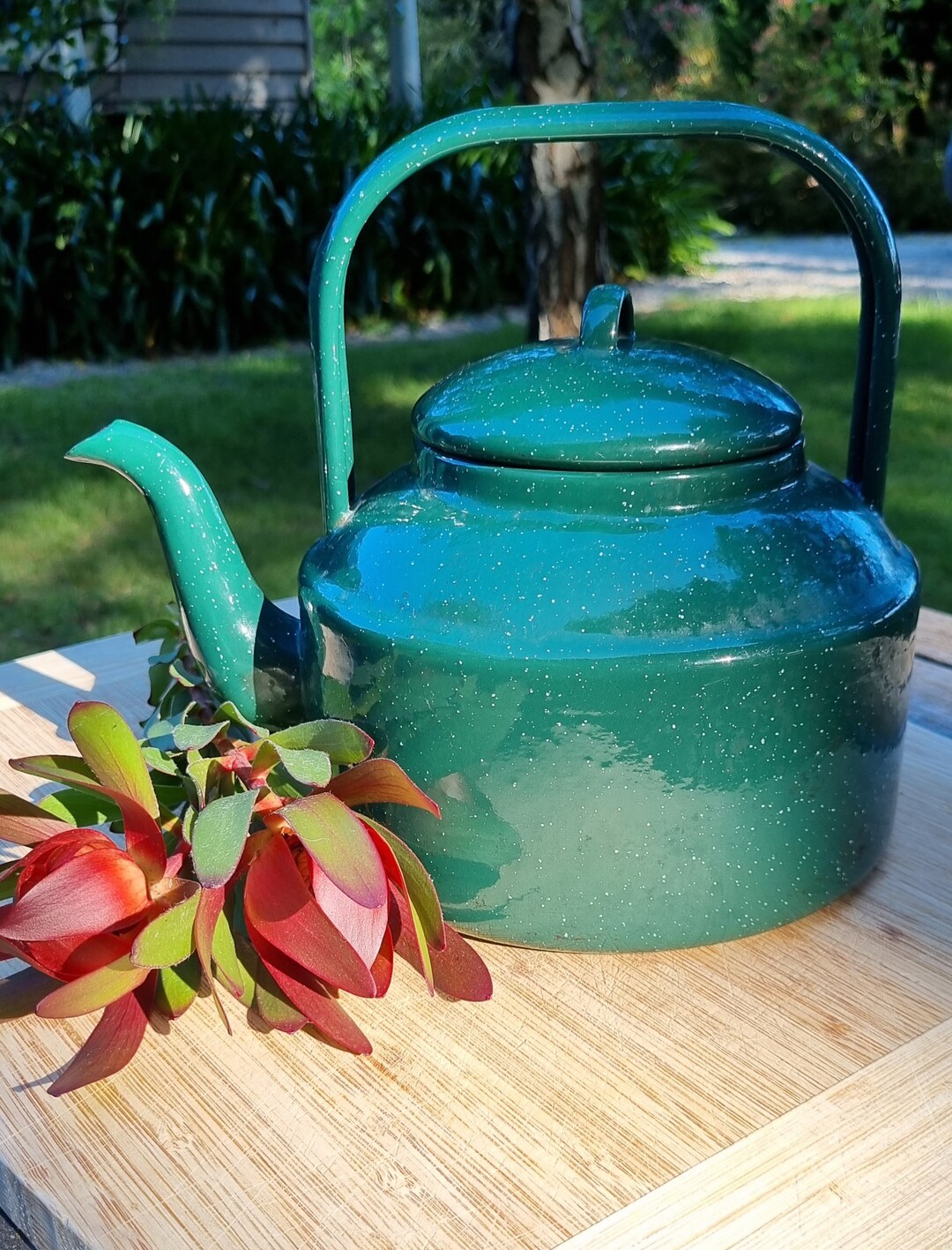 Dark Green Speckled Enamelware Large Tea Pot Etsy