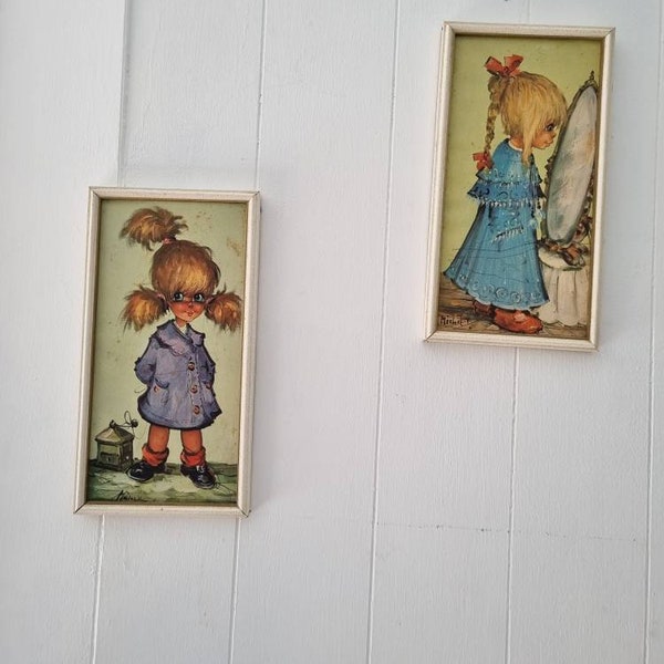 Set of two 1970s original art Doe eyed girls by Michael Thomas.