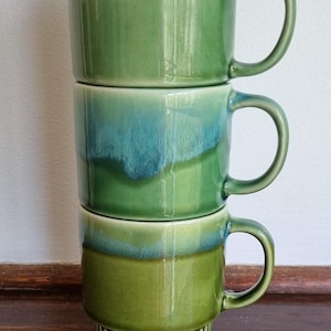 Set of three vintage green drip glaze cups