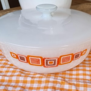 Vintage Mike pyrex lidded dish with orange geometrics