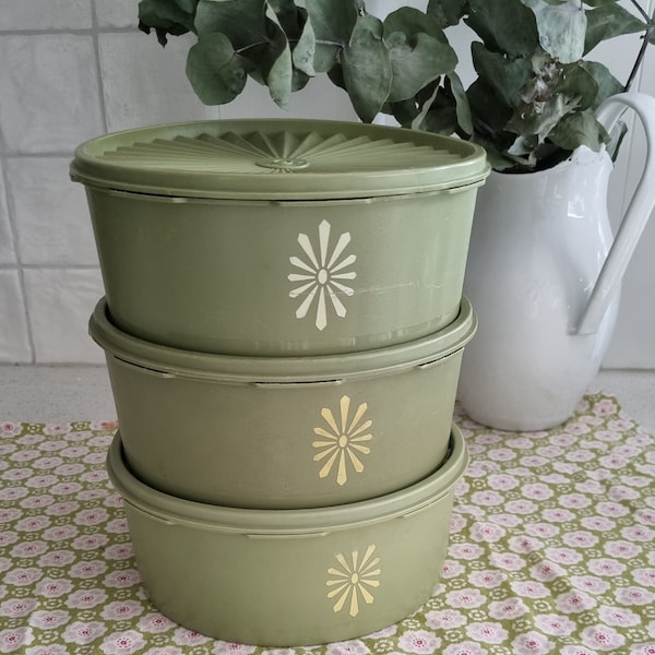 Set of three vintage olive green Tupperware containers