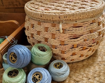Vintage round  basket weave sewing basket