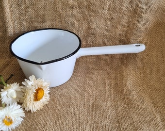 Vintage farmhouse white enamelware milk pot