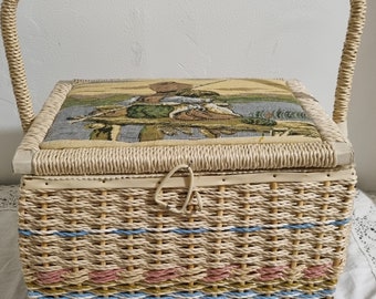 large vintage woven sewing basket with padded top