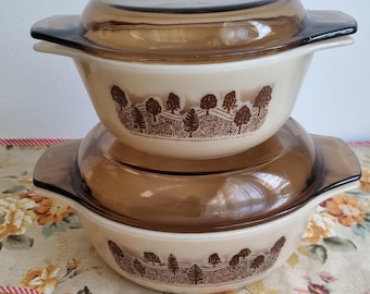 Vintage Set of two Pyrex lidded Forest trees patterned dishes