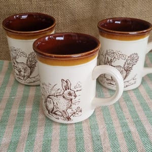 May include: Three white ceramic mugs with brown rims and interiors. Each mug features a different brown illustration of a woodland animal: a rabbit, and a squirrel. The mugs have a classic, sturdy design with a handle.