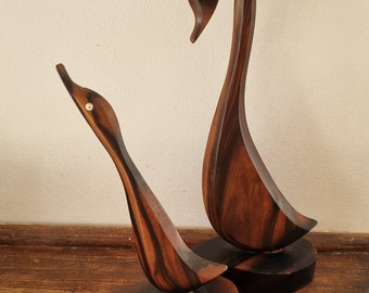 Vintage set of two wooden swan figurines