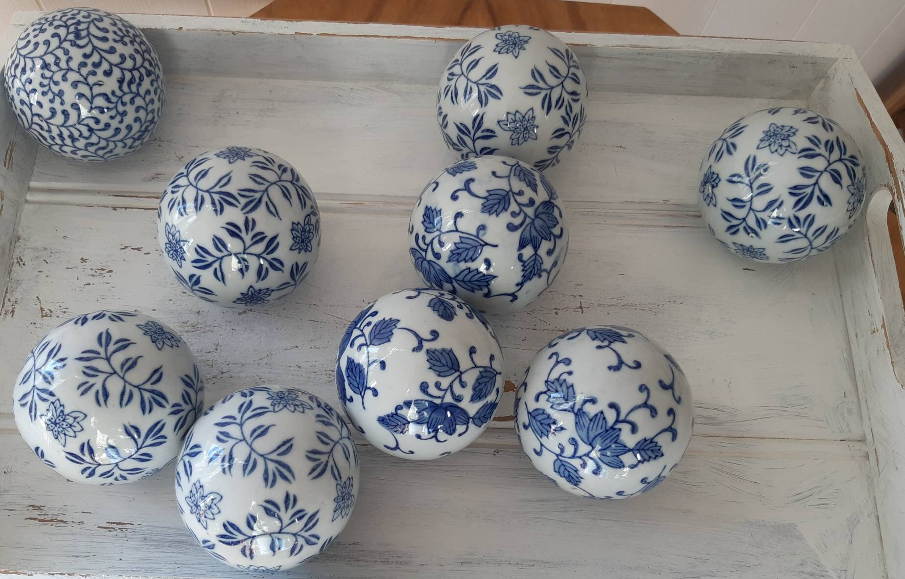 Set of 9 ceramic blue and white balls hamptons style. Etsy