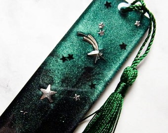 Aurora Borealis Northern Lights - Green and Black Night Sky Epoxy Resin Bookmark - With Green Silky Tassel