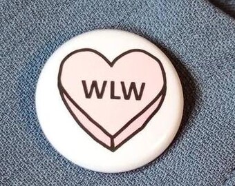 WLW Pink LGBTQ+ Candy Love Heart Book Trope Pinback Button