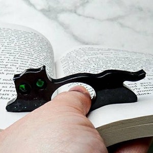 Black Glitter Cat Shaped Book Page Holder Ring - High Shine Epoxy Resin - Star Sequins, Shimmer and Green Rhinestones