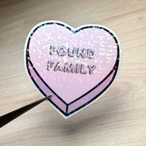 FAMILIA ENCONTRADA - Pegatina holográfica con purpurina lila, diseño de corazón de amor y caramelo