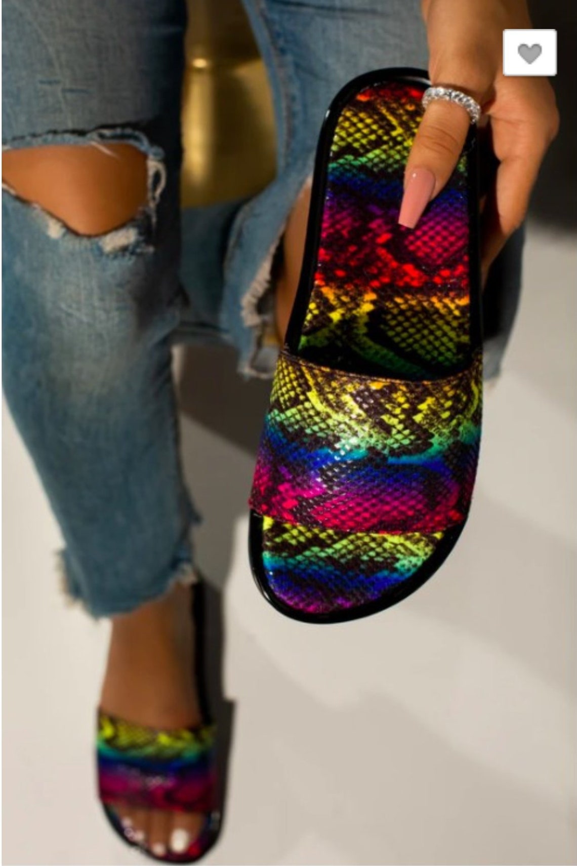 neon green snakeskin slides