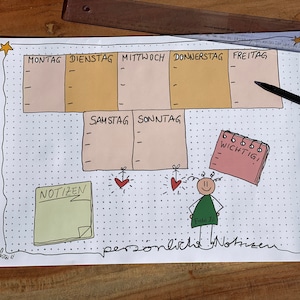 May include: A weekly planner with a dotted background. The planner has sections for each day of the week, including Monday, Tuesday, Wednesday, Thursday, Friday, Saturday, and Sunday. There are also sections for notes and important tasks. The planner is decorated with a star, hearts, and a stick figure.