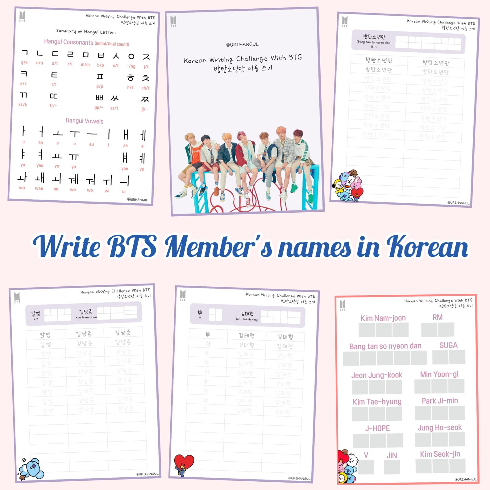 Write BTS Member's Names in Korean Alphabet Hangul / Learn Korean With ...