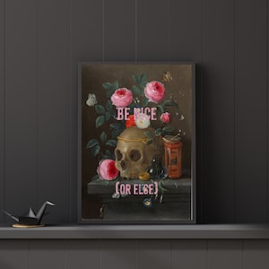 Be Nice Or Else Funny Altered Art, Quote Printable, Skull painting, pink wall art download