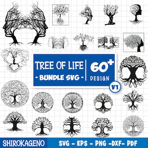 Puede incluir: Un conjunto de más de 60 diseños SVG de árbol de la vida en blanco y negro. Los diseños presentan varios estilos de árboles, incluidos diseños intrincados, circulares y estilizados. El texto "TREE OF LIFE 60+ - BUNDLE SVG - DESIGN V1" está incluido en la imagen.