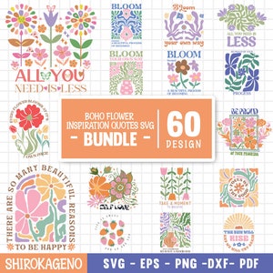 Boho Flower Svg Bundle, Inspirational Svg, Kindness Svg, Growth Svg, Retro Flower Svg, Floral Bouquet, Flower Market, Cut Files For Cricut