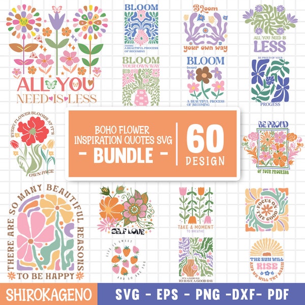 Bundle Svg fleur bohème, Svg inspirant, Svg gentillesse, Svg croissance, Svg fleur rétro, bouquet de fleurs, marché aux fleurs, fichiers coupés pour Cricut