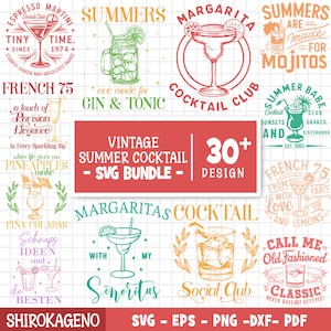 Pacchetto SVG Vintage Summer Cocktail, Cocktail Party Svg, Summer Svg, Mojito Svg, Gin Tonic, Martini, Bicchieri da cocktail, File tagliati per Cricut