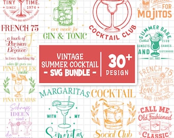 Vintage Summer Cocktail SVG Bundle, Cocktail Party Svg, Summer Svg, Mojito Svg, Gin Tonic, Martini, Cocktail Glassses, Cut Files For Cricut