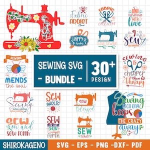 May include: A bundle of sewing-themed SVG designs. The image showcases illustrations of sewing machines, text including "Fabric Addict," and phrases like "Sewing is cheaper than therapy." The designs are in red, blue, and orange.