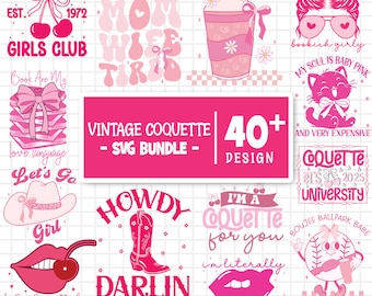 Vintage Coquette Svg Bundle, Coquette Era Svg, Pink Bow Svg, Cherry Svg, Ribbon Bow Svg, Coquette Shirt Design, Girlie, Cut Files For Cricut