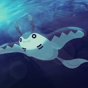 May include: A blue and white cartoon sea creature with a large fin and a small tail, swimming in a blue and purple underwater scene.