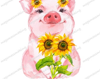 Cute Sunflower Pig- Farm Animals- Digital Image Instant Download, PNG, Sublimation Graphics -94968