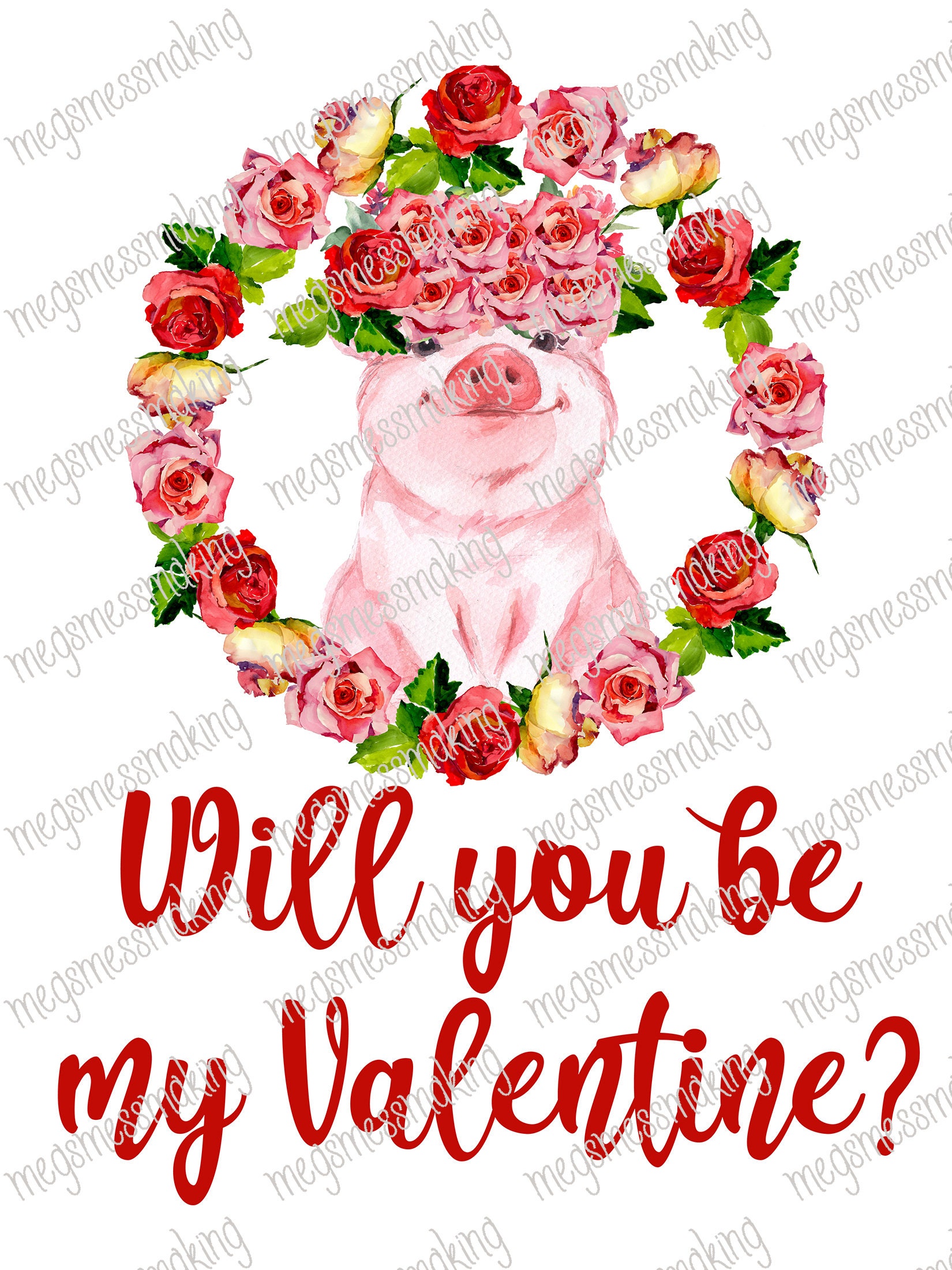 Will You Be My Valentine Pig Cute Pig Roses Valentine's Day Digital ...
