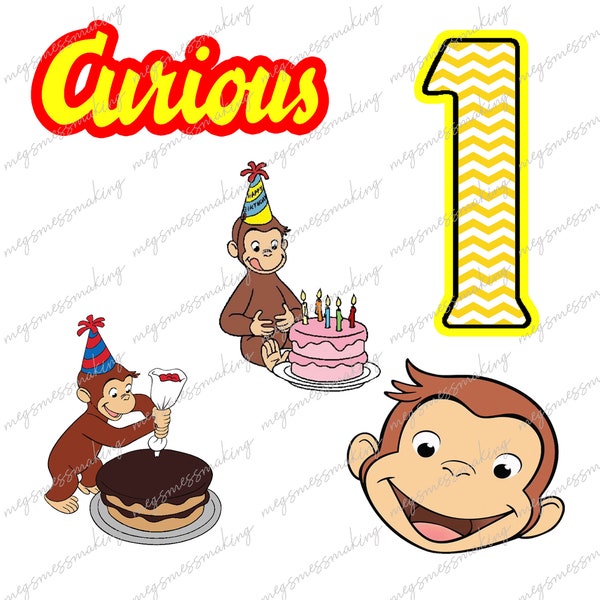 9 Piece Birthday- Curious George- First 1st Bday- Shirts-  Digital Image Instant Download, PNG, Sublimation Graphics -10006