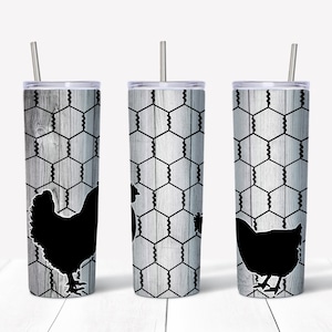 May include: Three stainless steel insulated tumblers with lids and straws. Each tumbler features a design of a black chicken silhouette on a background of a gray wood grain pattern and chicken wire.