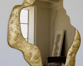 Handmade Organic Amorf Shaped Gold Frame Mirror  Sculptural Art Mirror