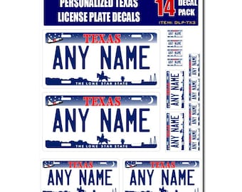 Personalized Texas License Plate Decals - Stickers Version 3 ( Sheet of 14 Stickers )