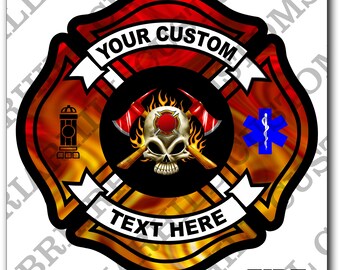 May include: A square sticker featuring a firefighter Maltese cross design. The design includes a skull with crossed axes, a fire hydrant, and a blue star of life. The text "YOUR CUSTOM" and "TEXT HERE" are displayed on white banners. The number "FIRE7" is at the bottom.