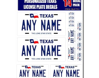 Personalized Texas License Plate Decals - Stickers Version 1 ( Sheet of 14 Stickers )