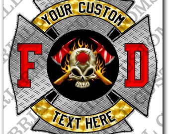 May include: A square, silver-colored firefighter emblem with a diamond plate texture. The emblem features the letters "FOD" in red, a skull with crossed axes, and the text "YOUR CUSTOM TEXT HERE". The text "FIRE33" is at the bottom.
