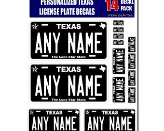 Personalized Texas License Plate Decals - Stickers Version 5 ( Sheet of 14 Stickers )