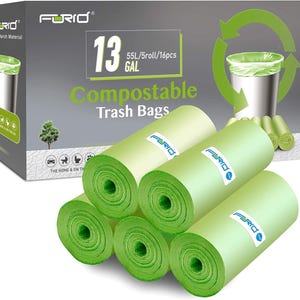 May include: A box of compostable trash bags with the brand name "FURIO" and the text "13 GAL". The image shows several rolls of green trash bags and a box with a picture of a trash can with a green bag inside.