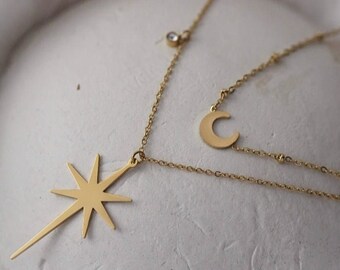 Collana in acciaio inossidabile con ciondolo zirconia, ciondolo stella, gioielli in acciaio inossidabile, collana d'oro, ciondolo luna, collana a doppia fila