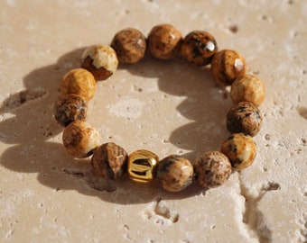 Elastischer Ring mit Jaspis und Hämatit, Landschaftsjaspis Perlen Ring, Natursteine Ring beige-Braun Jaspis , Boho Ring mit beige Perlen
