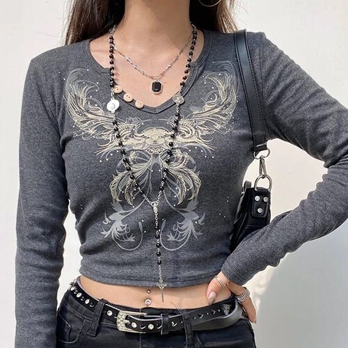 Y2K Basic Printed, Long Sleeve Crop Top & Graphic T-Shirt - Y2K Top - Korean Fashion - Mall Goth - Punk Clothes - Harajuku - Grunge - E Girl